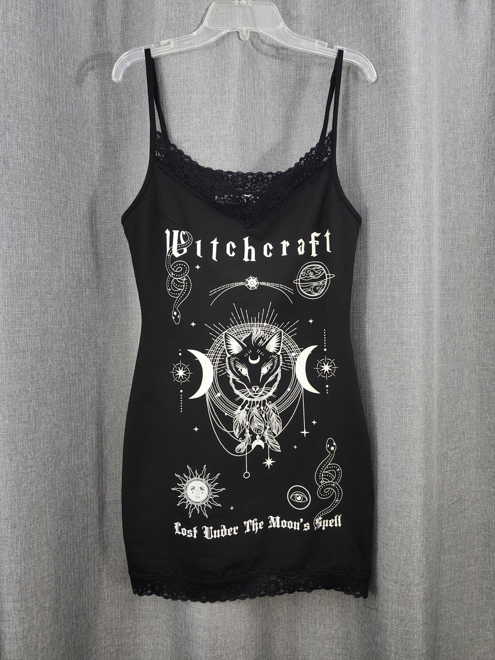 Adika Black Witchcraft Graphic Lace-Trim Slip Dress